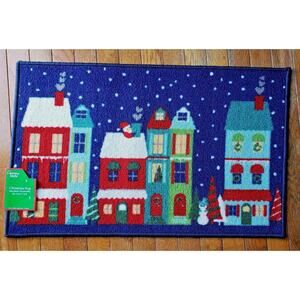 NEW Christmas Mat Rug City Street Buildings Town Scene w/Santa 17" by 28" Blue